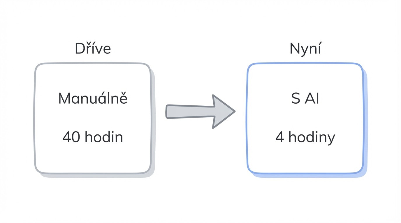 Diagram vývojového procesu s AI: návrh, generování kódu, code review a nasazení