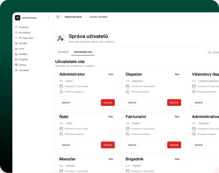 Správa uživatelů a rolí v dispečerské aplikaci Siegl kontejnery