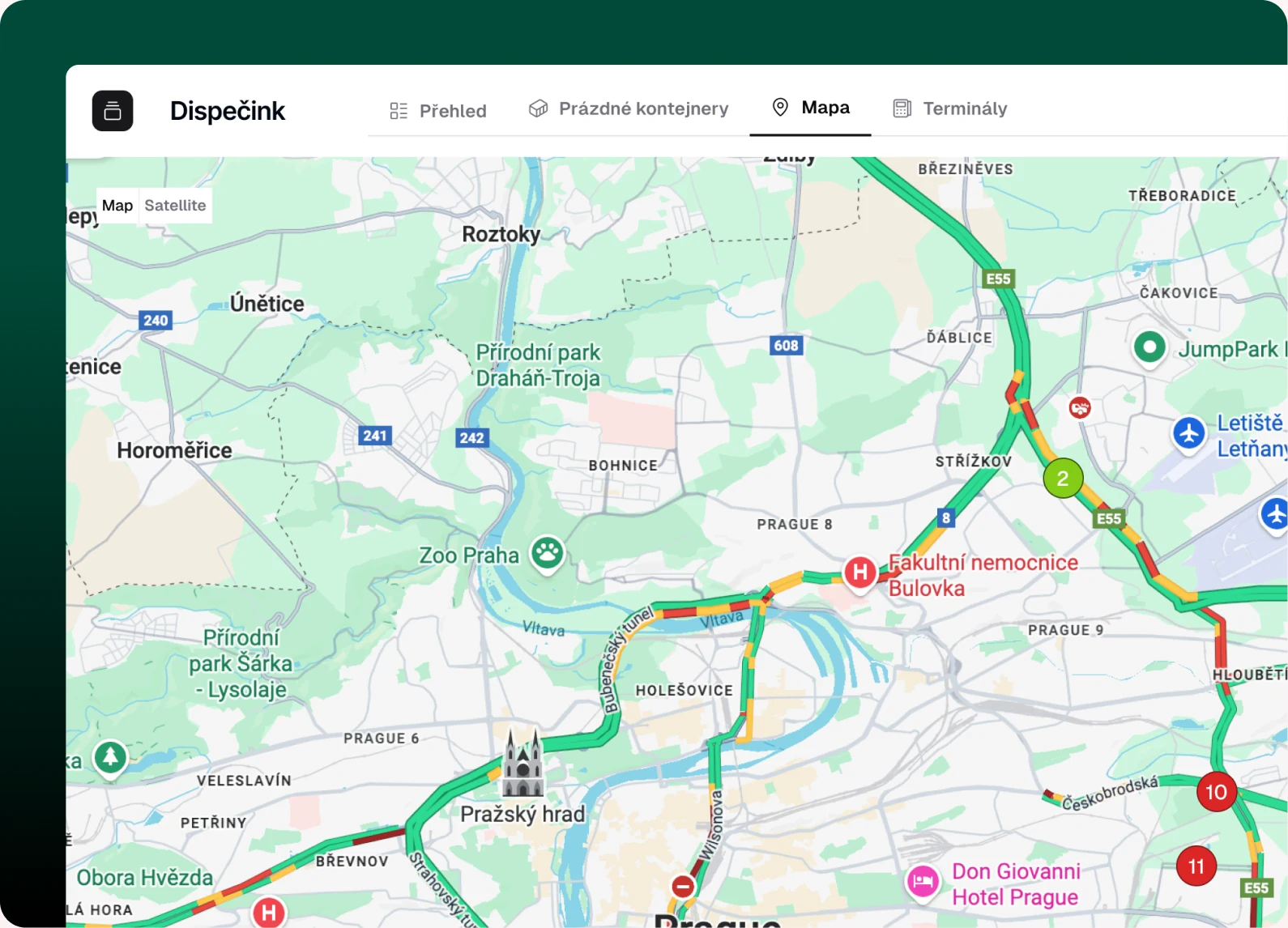 Mapa svozových tras v dispečerské aplikaci Siegl kontejnery