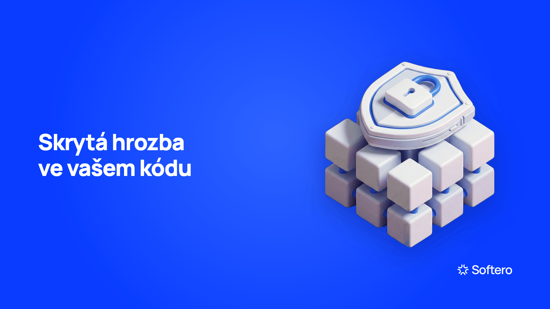 Supply chain bezpečnost, ilustrace štítu se zámkem nad propojenými krychlemi balíčků