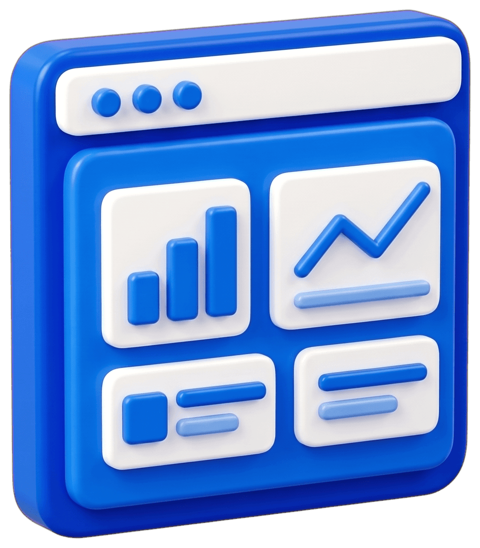 3D illustration of a browser window with charts representing a web application