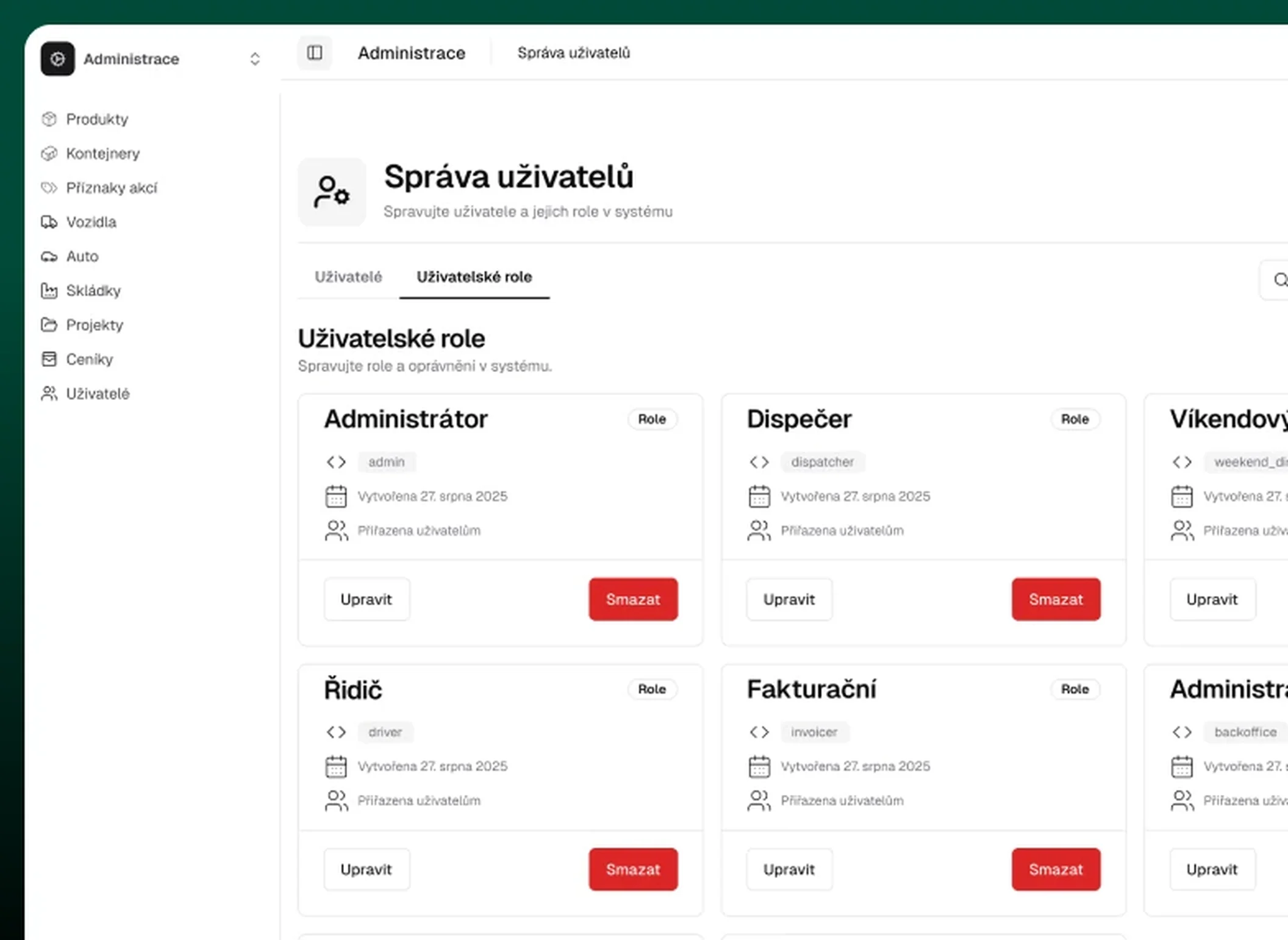 User and role management in the Siegl kontejnery dispatch app