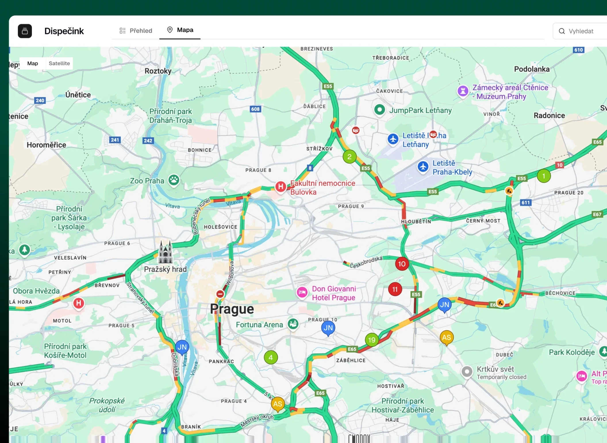 Map of collection routes in the Siegl kontejnery dispatch app