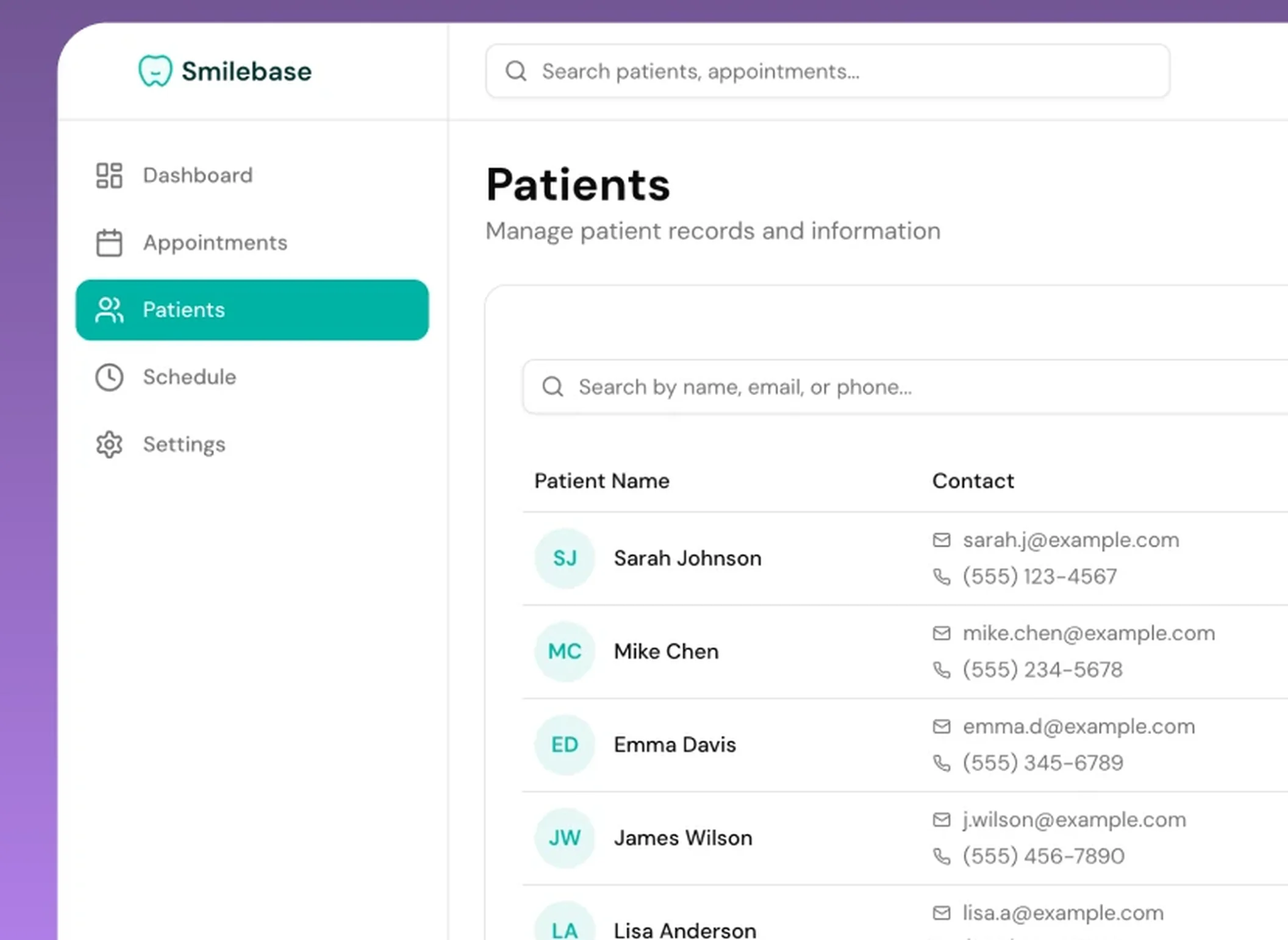 List of patients in the Smilebase web application