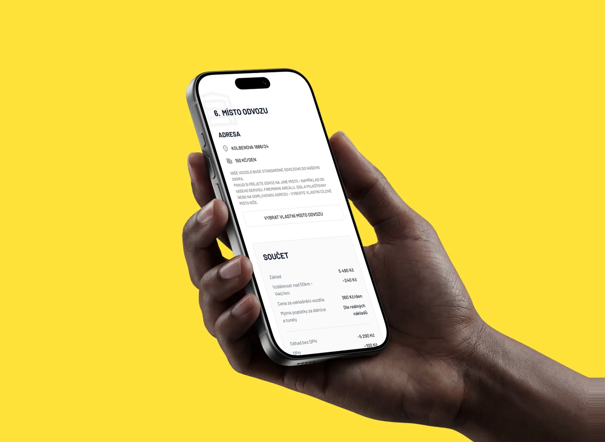 Objednávka Zimmer Assist na telefonu s adresou odvozu a souhrnem ceny