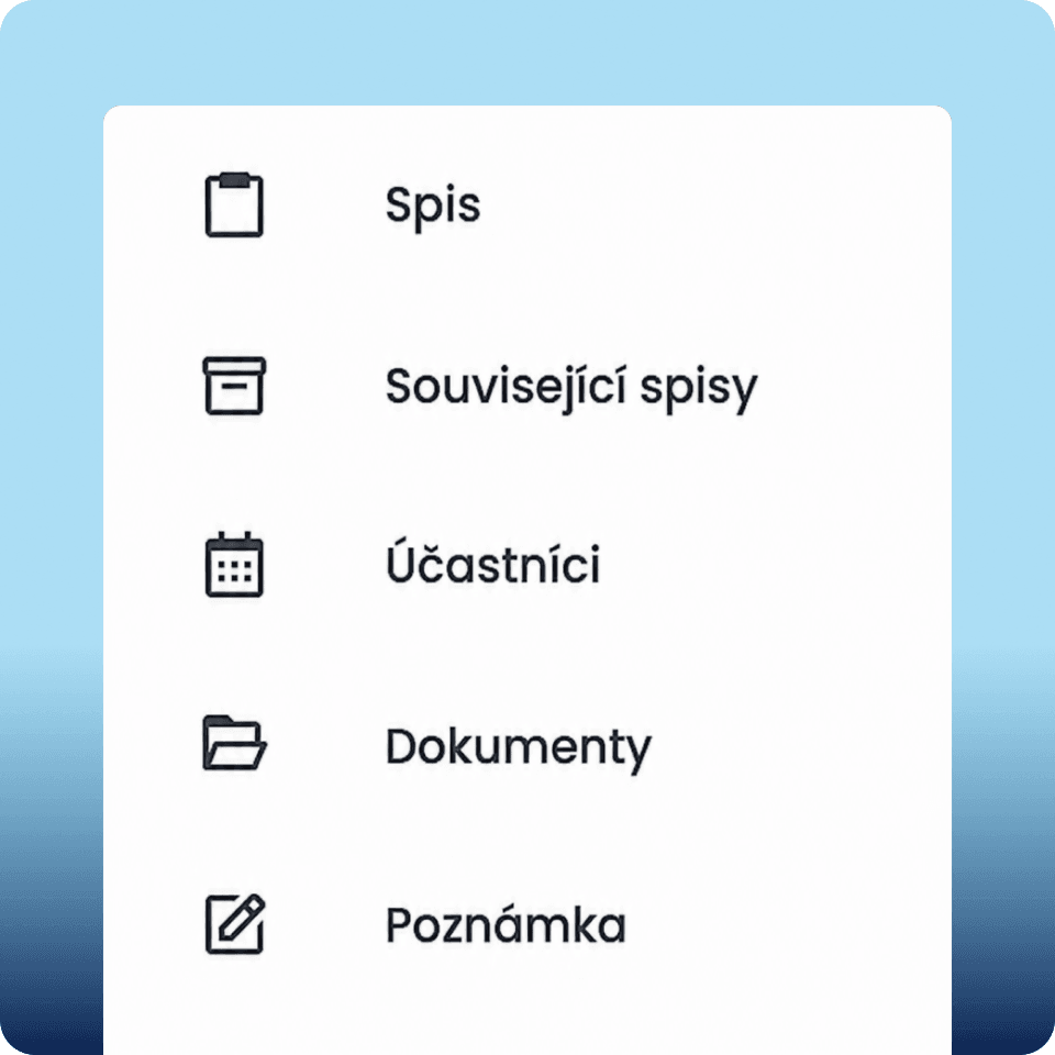 Struktura spisu v aplikaci eNOTSERVIS: spis, účastníci, dokumenty, poznámka