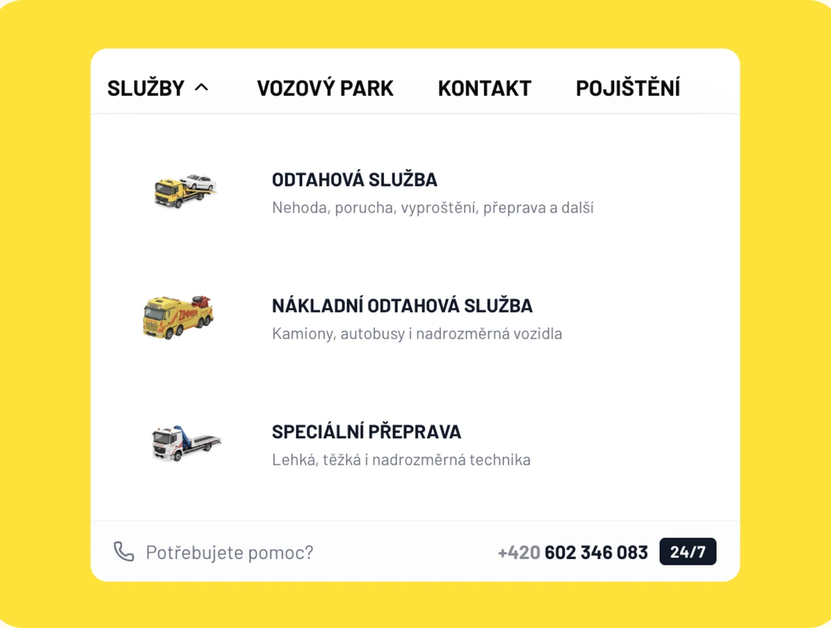 Rozcestník služeb Zimmer Assist s odtahem, nákladní službou a speciální přepravou